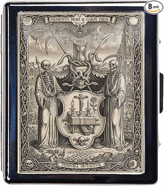 Pill Organizer Box with Mirror,8 Compartment Chrome Pill Case, Pocket-Size Travel Pill Container for Vitamins, Seniors, Daily Use,Rectangle 7 Days Pill Box Pill Case (The Two Guarding Skeletons)