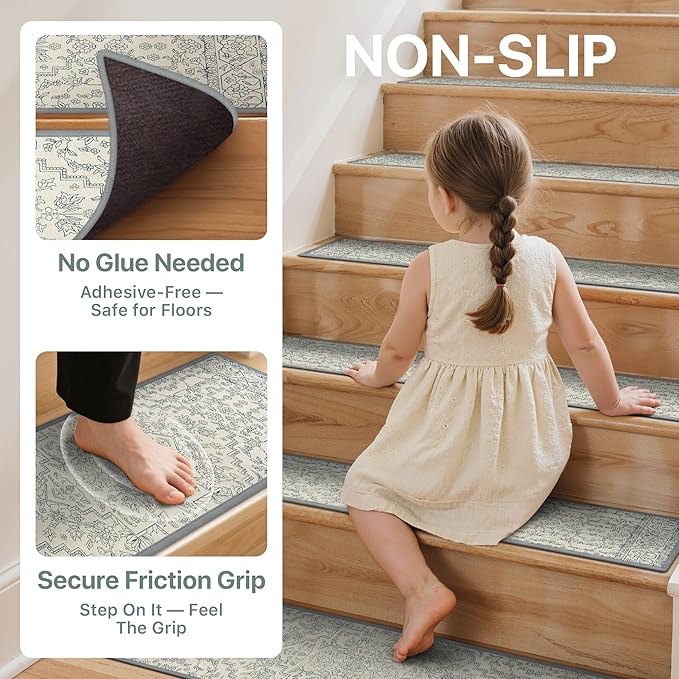 Non Slip Stair Treads for Wooden Steps 15PCS - 8"x30" Indoor Safety Carpet, Edging Mats with TPE Adhesive Backing, Pet and Elderly Friendly Stair Rugs (Beige Line)