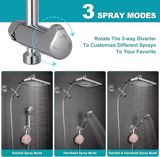GwernKB Rain Shower Heads with Handheld Spray Combo,Fixed Showerhead&8-Mode Handheld Shower Head with 79 Inches Extra-long Stainless Steel Hose and Low-Reach Adhesive Wall Mount for Elderly