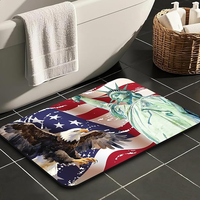 Quick Dry Bath Mat for Bathroom,Super Absorbent Patriotic 4th of July Welcome Bath Rug Non-Slip Rubber,Machine Washable Bathroom Floor Mat for Shower, Tub, Sink Area Independence Day Eagle 16x24