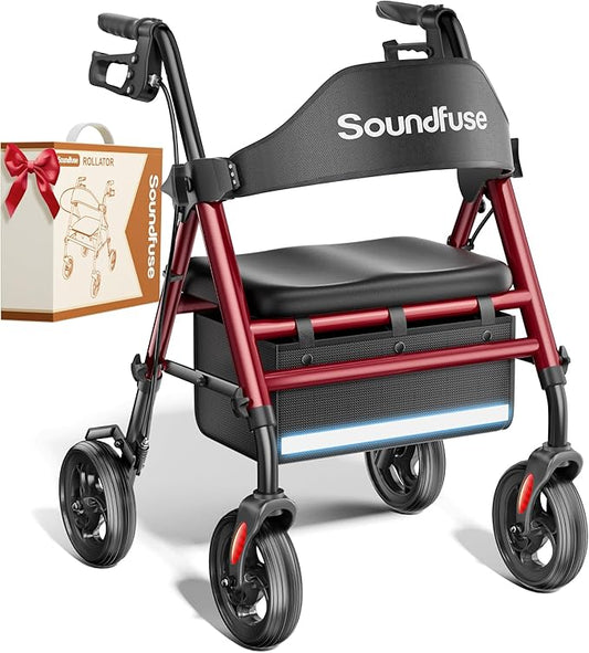 SOUNDFUSE Walkers for Seniors, Rollator Walker with Seat, 8" All Terrain Wheels, Double Support Bar, 16" Ergonomic Arc Seat and Comfortable Backrest, Dual Height Adjustable and Foldable Design