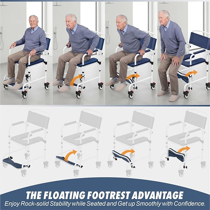 Shower Chair with Wheels, Two Modes Bedside Commode with Wheels, Aluminum Shower Wheelchair with Footrest, Portable Toilet with Bucket for Elderly and Disabled, 300 LBS Weight Capacity