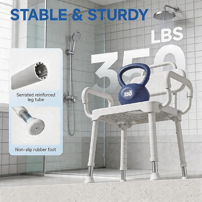 Shower Chair for Bathtub, Adjustable Height 15.7"–21.2" Bath Stool with Removable Backrest and Arms, Rust-Resistant Aluminum Frame, Non-Slip Rubber Feet, Supports 350 lbs， Neutral Gray