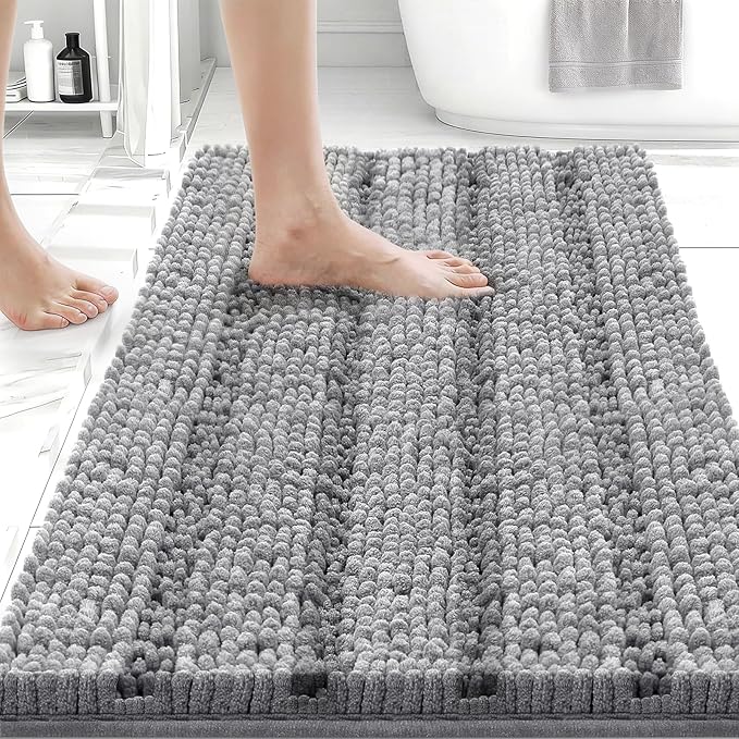 Bcoimo 24"×17" Chenille Bath Mat – Non-Slip with Backing Bath Rug Ultra-Absorbent and Machine Washable Bathroom Mat Quick-Dry Design. Ideal for Bathroom and Tub Areas