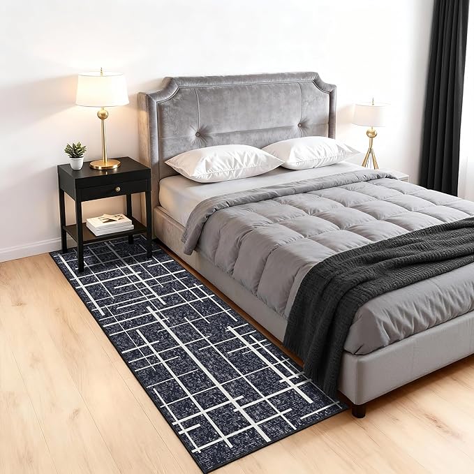 Washable Runner Rug 2x6, Modern Distressed Stripe, Kitchen Runner Rug Non Slip, Woven Thin No Shed Carpet Runners for Entryway, Kitchen, Laundry Room- Midnight Black