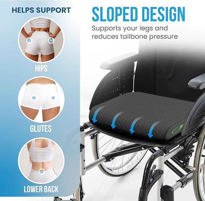 Extra Large Wheelchair Seat Cushion - for Sciatica and Lower Back Pain Relief, Anti-Slip, Removable Strap, Coccyx Pain Relief, 19” X 17” X 3” (Black)