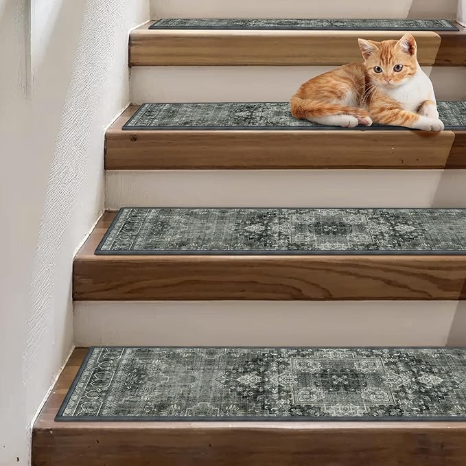 Non Slip Stair Treads for Wooden Steps 15PCS - 8"x30" Indoor Safety Carpet, Edging Mats with TPE Adhesive Backing, Pet and Elderly Friendly Stair Rugs (Charcoal Gray)