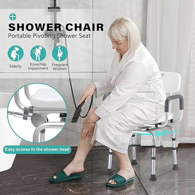 PETKABOO 360 Degree Shower Chair Swivel,Portable Seat with Armrests and Back, Adjustable Height Seat for Bathtub (Small Swivel Seat)