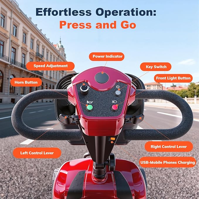 15/25/30/50Miles Eldryvon 4 Wheels Electric Mobility Scooter for Seniors, Dual Basket, 350W Powered Wheelchair with Rotating Seat, Mirrors, Foldable Motorized Scooter for Adults (Red, 30Miles)