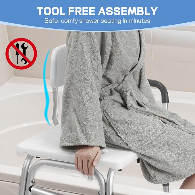 Tub Transfer Bench for Bathtub, Height Adjustable Shower Bench with Backrest, Shower Chair Bath Seat for Elderly, Seniors, Arm Support for Transfer