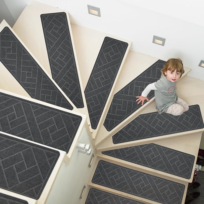 15 Pack 8 "X 30" Non-Slip Carpet Stair Treads for Indoor Wooden Steps, Made of Polyester and Reusable Adhesive, Suitable for Kids Elders and Pets（Grey Lines）