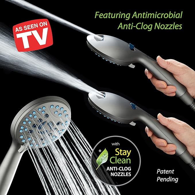 AquaCare High Pressure 8-mode Handheld Shower Head - Anti-clog Nozzles, Built-in Power Wash to Clean Tub, Tile & Pets, Extra Long 6 ft. Stainless Steel Hose, Wall & Overhead Brackets