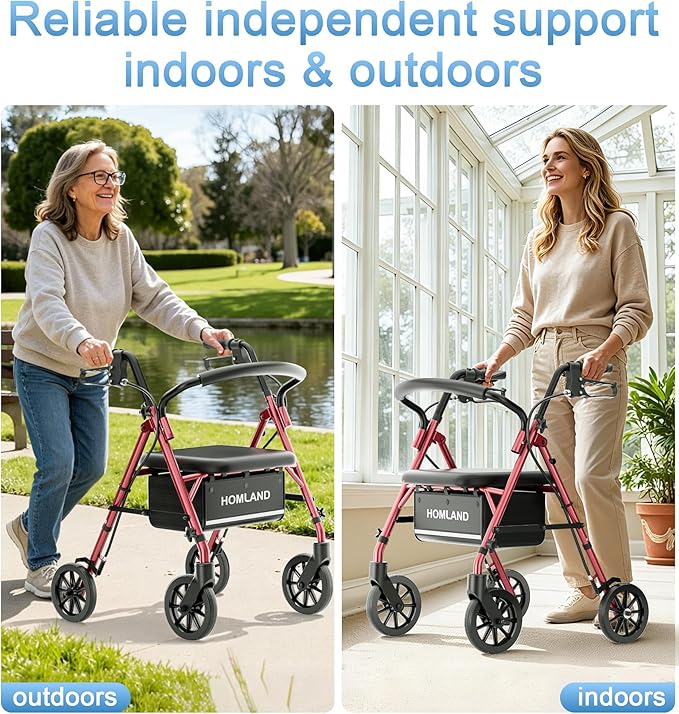 16 Pounds Lightweight Walkers for Seniors with Seat, Narrow Rolling Walker with 4 Puncture-Resistant Wheels, 5-Level Height Adjustable, 300 lbs Weight Capacity (Red)