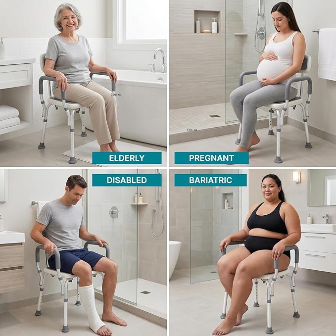 Dr. Aid Shower Chair for Inside Shower - 400 lbs, 6-Height Adjustable Shower Bench with Arms & Back for Adults, Seniors & Disabled - Tool-Free Assembly, Anti-Slip Bathroom Seat for Tub & Small Showers
