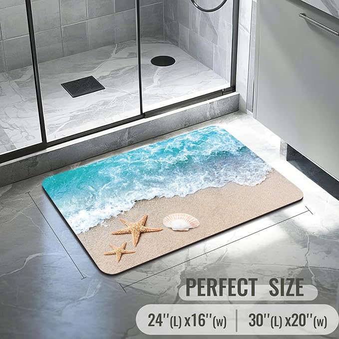 Quick Dry Bath Mat for Bathroom,Super Absorbent Beach Seashell Bath Rug Non-Slip Rubber Backing,Machine Washable Bathroom Floor Mat for Shower, Tub, Sink Area Ocean Blue 30x20
