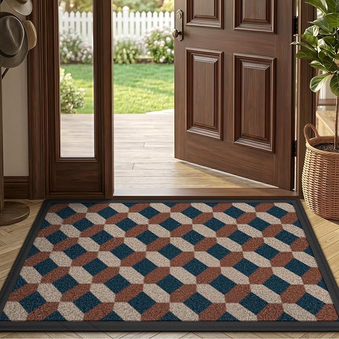 LUMI Front Door Mat 30x48, Low-Profile Non-Slip Welcome Mat for Indoor Outdoor, Stain & Fade Resistant Geometric Door Mat for Entryway Patio Porch, Geo-Navy