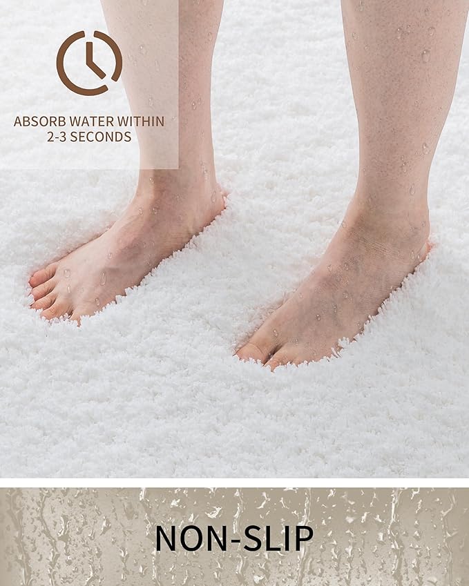 Bathroom Rugs Non Slip Washable 59x24, Ultra Thick Soft Microfiber Absorbent Bath Mats, High Density Foam Latex Non Slip Backing Bath Rugs, Fluffy Floor Carpet for Tub&Shower, White