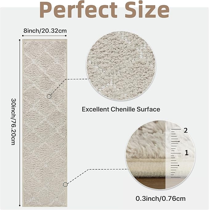 Non Slip Microfiber Stair Treads for Wooden Steps, 15PCS 8"x30" Indoor Safety Carpet, 3D Cut & Loop Tufted Edging Mats with TPE Adhesive Backing, Pet & Elderly Friendly Stair Rugs (Beige/White)