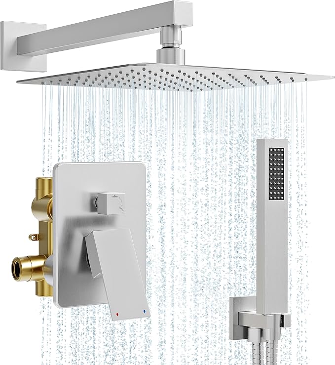 Kurpot Shower System, 10'' High Pressure Brushed Nickel Shower Head with Handheld Spray Combo, Included 59'' Shower Hose, Shower Trim Kit and 2-IN-1 Diverter, Bathroom Shower Faucet Set with Valve