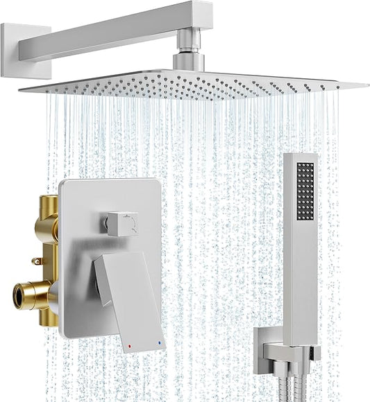 Kurpot Shower System, 10'' High Pressure Brushed Nickel Shower Head with Handheld Spray Combo, Included 59'' Shower Hose, Shower Trim Kit and 2-IN-1 Diverter, Bathroom Shower Faucet Set with Valve