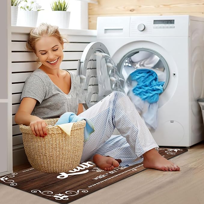 XLHOMO Laundry Room Rug Runner, 17.7"x45" Non Slip Brown Laundry Rugs, Farmhouse Washable Floor Laundry Mats for Laundry Room, Mudroom, Kitchen, Washroom, Bathroom, Hallway Entryway Area Rugs Decor