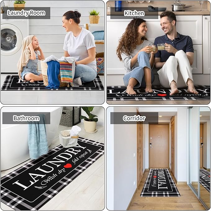 XLHOMO Laundry Room Rug Runner, 17"x47" Buffalo Plaid Non Slip Black Laundry Rugs, Farmhouse Washable Floor Laundry Mats for Laundry Room, Mudroom, Kitchen, Washroom, Bathroom, Entryway Rugs Decor