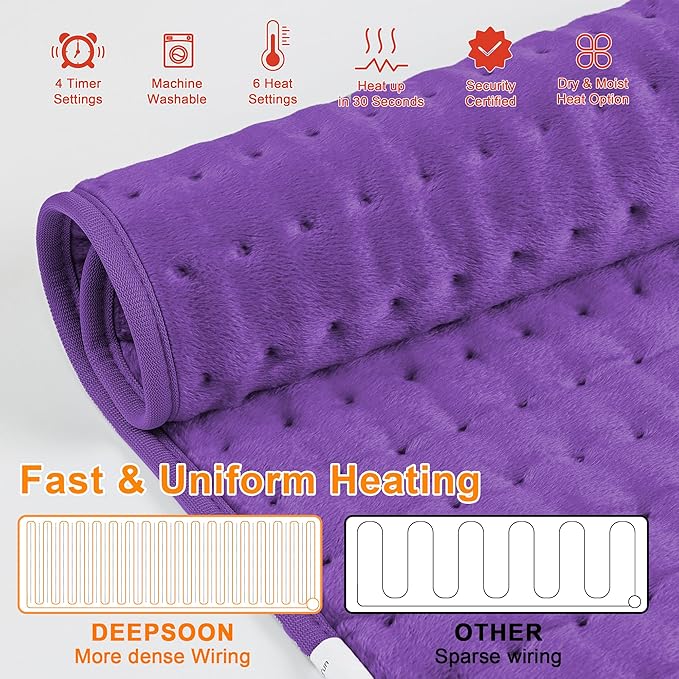 Deepsoon Heating Pad,Electric Heating Pads for Back,Neck,Moist Heating Pad for Abdomen Shoulder Knee Legs,Dry/Moist Heat&Auto Shut Off,Mother's Day Birthday for Men and Women,Dark Purple,24x12 Inch