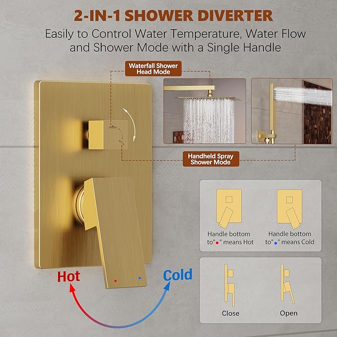 Kurpot Gold Shower System, 10'' Square Rainfall Shower Head with Handheld Combo Spray, Bathroom Brushed Gold Shower Faucet Set with Valve, 59'' Shower Hose, Shower Trim Kit and Diverter, Wall Mounted