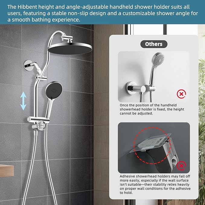 Hibbent Upgraded cUPC Certified Self-cleaning Shower Head Combo, High Pressure 10'' Rain Showerhead with 3-Spray Handheld, All Metal Arm with Easy Reach 4-way Diverter, 71" Hose & Holder, Chrome