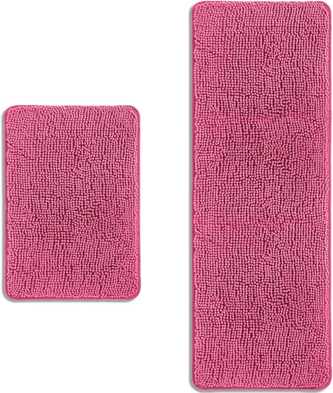 Bathroom Rugs Sets 2 Piece – Absorbent and Washable Bath Mat, Non-Slip, Thick Soft Chenille Bath Rugs for Bathroom Floor, Shower, Sink(17" x 24"+17" x 47", Hot Pink)