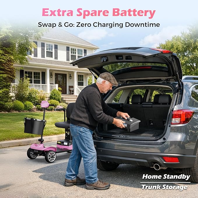 Mobility Scooter for Adults & Seniors with Removable Spare Battery - 24.8 Miles Total Range, Cruise & Airport Approved, Foldable Motorized Scooters with Dual Basket, Phone & Cup Holder, Pink