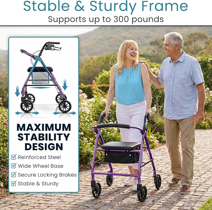 Vive Mobility Steel Rollator Walker with Seat - Foldable, Narrow, Rolling Senior Walker for Small Spaces - 4 Wheel Lightweight Adult Easy Drive with Underseat Storage, Adjustable Height (Purple)