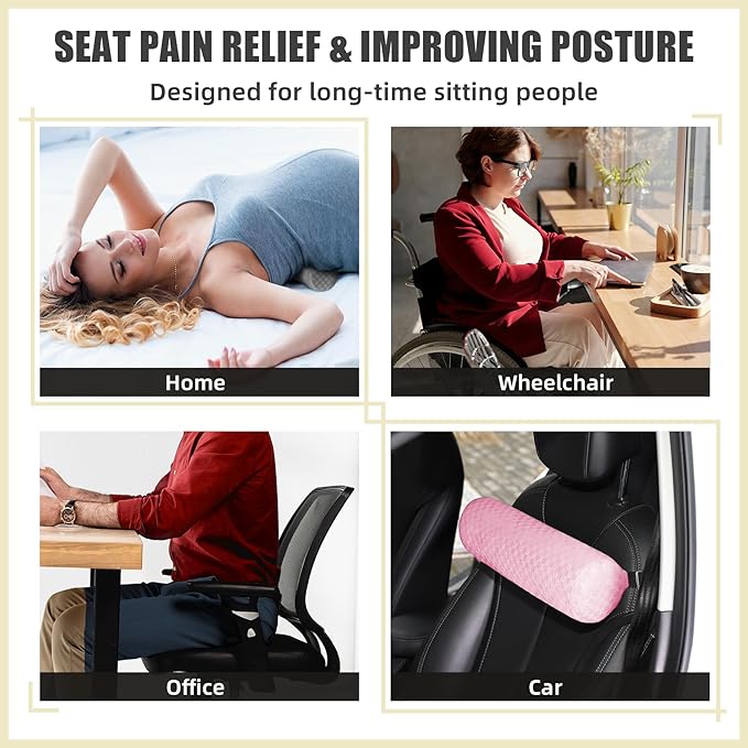 Lumbar Roll Pillow for Lower Back, Lumbar Support Foam Roll Cushion with Pillowcase and Upgraded Strap for Office, Chair, Car, Seat Pain Relief & Improving Posture (Pink, Short-11 * 4.3'')