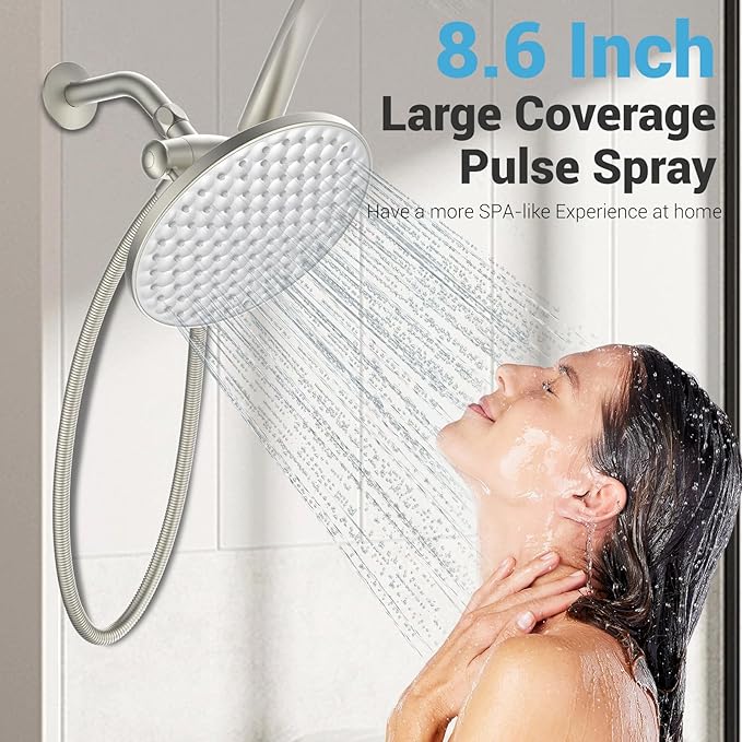 dual shower head with handheld combo,8.6 inch Rainfall showerhead,6 settings hand held shower heads with hose (Brushed Nickel)
