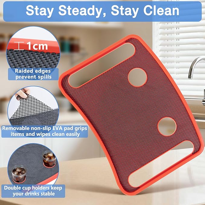 Walker Tray for Seniors with Dual Cup Holders, Side Pouch and Non-Slip Pad, Lightweight Durable Food & Drink Table, Compatible with Walker of 10210-1 Model (Red)