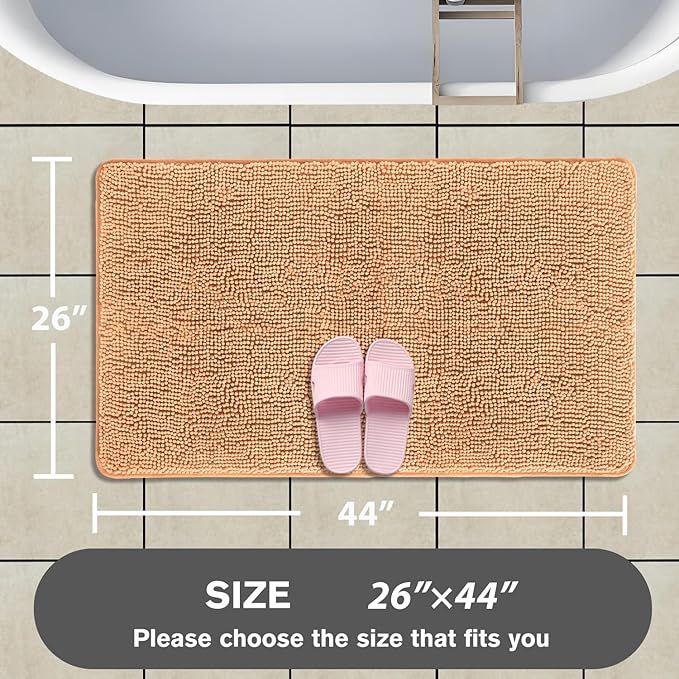Peach Bathroom Rugs – Absorbent and Washable Bath Mat, Non-Slip, Thick Soft Chenille Bath Rugs for Bathroom Floor, Shower, Sink - 26" x 44"