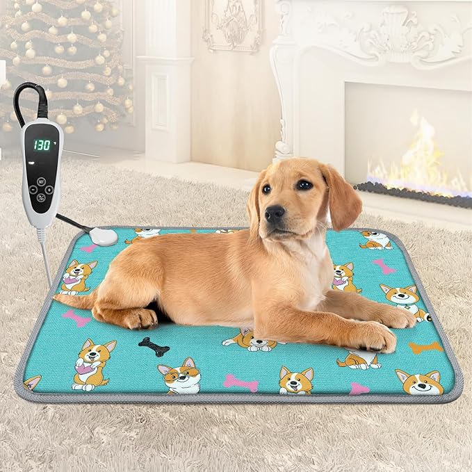 GOLOPET Cat Heating Pad,22x18 in Heated Cat Bed,Adjustable Thermostat+Constant On Function,with Metal Protective Tube Waterproof Puppy Heating Pad - Blue