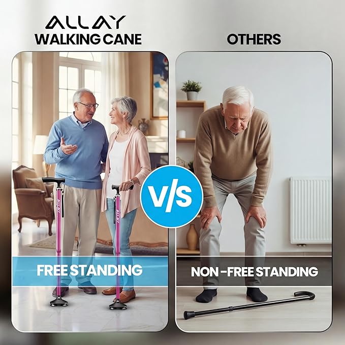 Allay Walking Canes for Men & Women - Adjustable Canes for Women for Stability, Self Standing Wide Quad Pivot Base, Light Weight, Soft Handle Grip and Travel Bag, Walking Sticks for Seniors & Adults