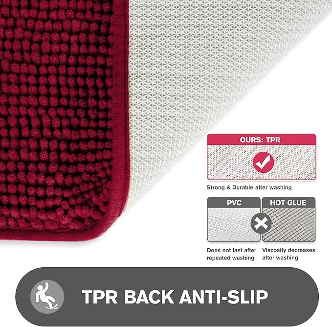 Vivid Burgundy Bathroom Rugs – Absorbent and Washable Bath Mat, Non-Slip, Thick Soft Chenille Bath Rugs for Bathroom Floor, Shower, Sink - 17" x 24"