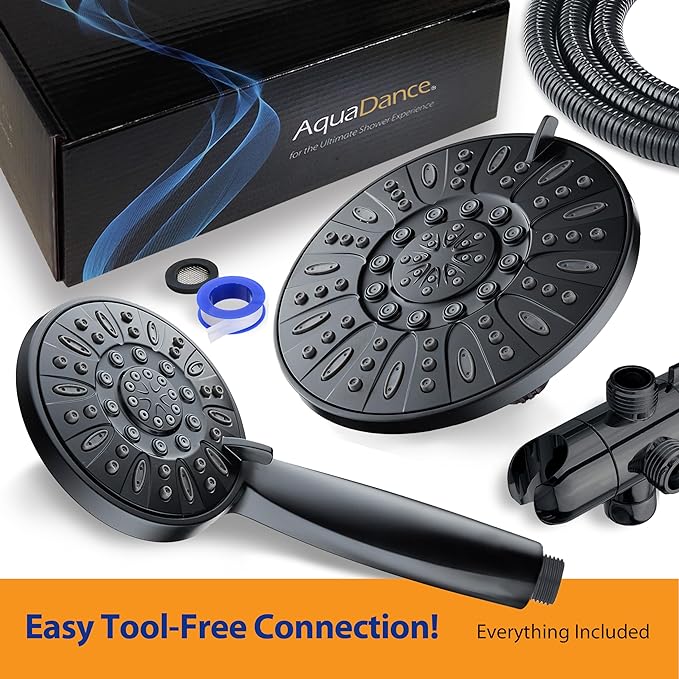 AquaDance 7" Premium High Pressure 3-Way Rainfall Combo for The Best of Both Worlds - Enjoy Luxurious Rain Showerhead and 6-Setting Hand Held Shower Separately or Together - Matte Black Finish