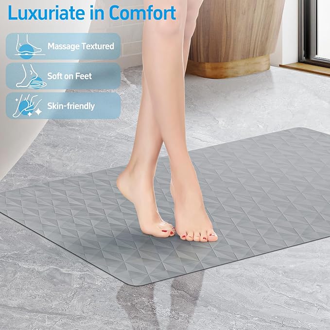 WRISIN Non Slip Bathtub Mat for Bath Tub Shower - Natural Rubber Mat with Suction Cups - Large Soft Bathroom Safety Mat - Unique Diamond Pattern - Fatigue Relief - Machine Washable - 17 × 35 Inch