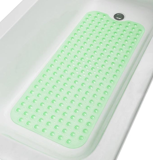 Extra-Long Non-Slip Bathtub & Shower Mat 39”x16” (Smooth/Non-Textured Tubs Only) Safe, Clean, Machine-Washable, Superior Grip&Drainage, Vinyl, Transparent Light Green