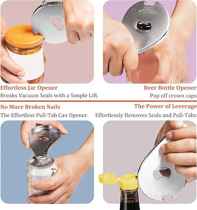 Uinxan Jar Bottle Can Opener for Seniors Arthritis Weak Hands-Easy Twist Off Small Caps (0.6"-2.7"), Pop Top & Pull Tab Seals,Patent Unique Portable Multifunction Gadget for Elderly/Women/Men (Silver)