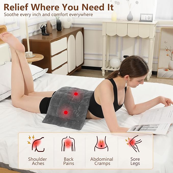 Weighted Heating Pad with Massager, FSA Electric Heating Pad for Back Pain Relif, 2.88LBS Heat Pad for Period Cramps with 2H Auto Shut Off 3 Massager Levels and 3 Heating Levels, 12"x24" Dark Grey