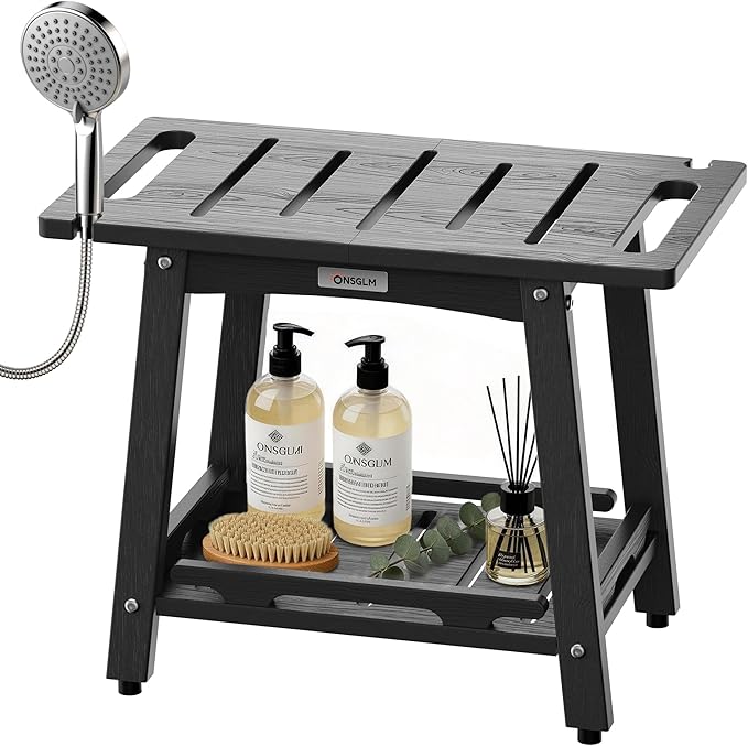 22" Large Shower Bench Seat, Non-Slip Shower Benches for Inside Shower to Sit on, HDPE Waterproof Shower Stool, Shower Chair with Adjustable Feet for Bathroom, Indoor/Outdoor Use, Black