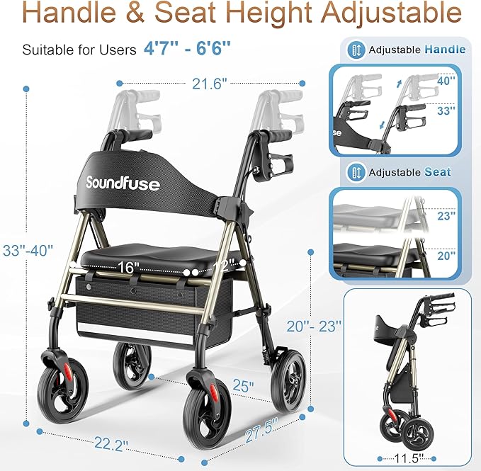 SOUNDFUSE Walkers for Seniors, Rollator Walker with Seat, 8" All Terrain Wheels, Double Support Bar, 16" Ergonomic Arc Seat and Comfortable Backrest, Dual Height Adjustable and Foldable Design