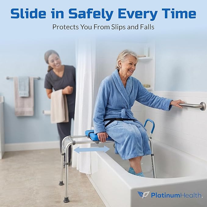 Platinum Health Roundabout 2.0 Sliding Transfer Bench with Rotating Seat. Padded for Warmth/Comfort. Enjoy Safe, Fast, Easy, Pain-Free, Strain-Free tub and Shower transfers. Ideal for Seniors/Elderly