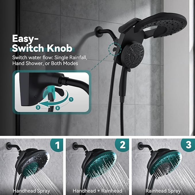 Rain Shower Head with Handheld: Foldable High Pressure Shower Heads with Handheld Spray Combo, 9 Spray Settings/Modes Hand Held Showerhead Dual Rainfall Shower Head Built-in Magnetic Docking and Jets