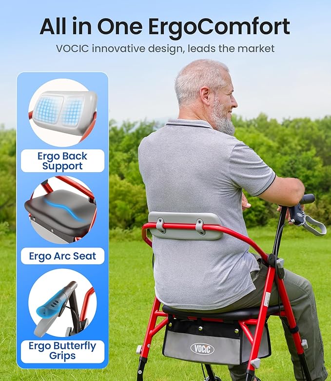 VOCIC Walkers for Seniors, Z12 Rollator Walker with Seat, Ergo Seat & Backrest, Foldable Rollator Adjustable Height, All Terrain Walker, Ultra Light