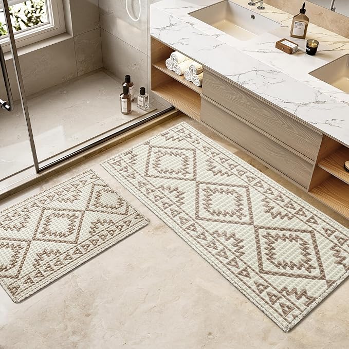 PADOOR-Waffle Bath Mat-Super Absorbent Bath Mats for Bathroom, Machine Washable Non Slip Bathroom Rug with Tassels, Soft Bathroom Mat for Laundry Room, Bedroom,Cream & Brown 17"x28"